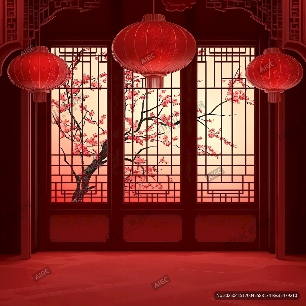 中式室內紅燈籠與花窗美景