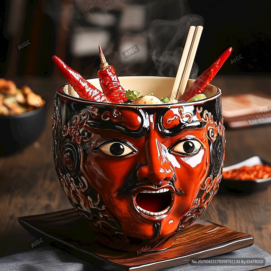 鬼臉陶瓷碗裝美味熱辣食物