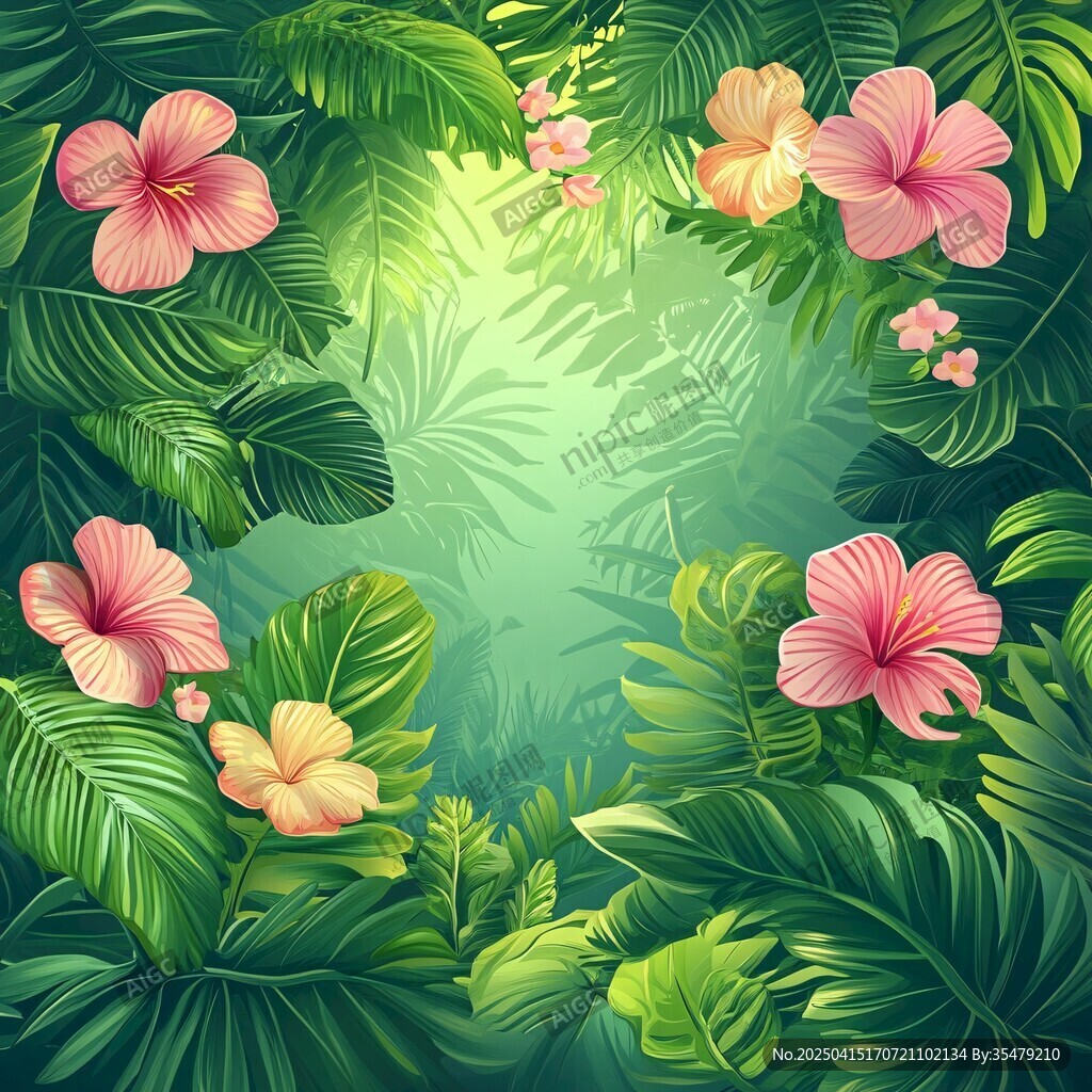 熱帶花卉與綠葉背景圖