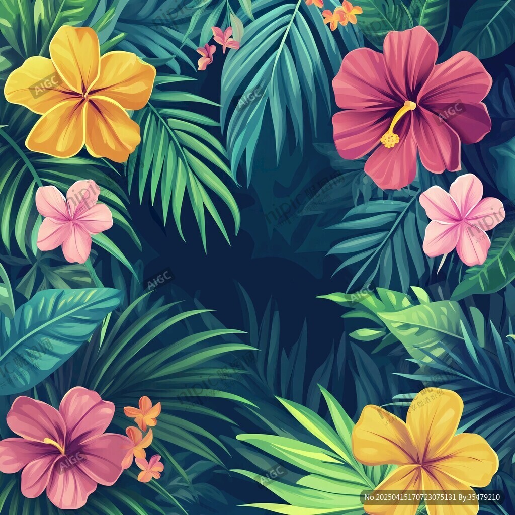 熱帶花卉與綠葉背景圖案