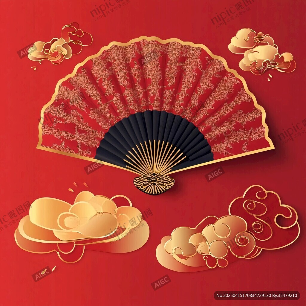 中式折扇與祥云裝飾元素