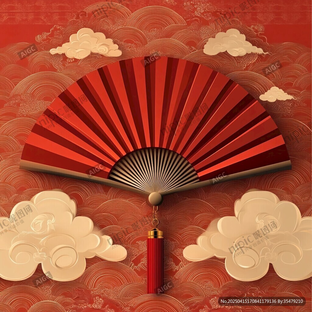 中式折扇于古典云紋背景中