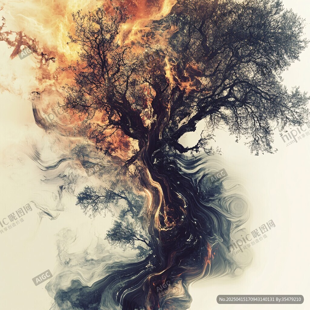 火焰與煙霧交織的奇幻之樹