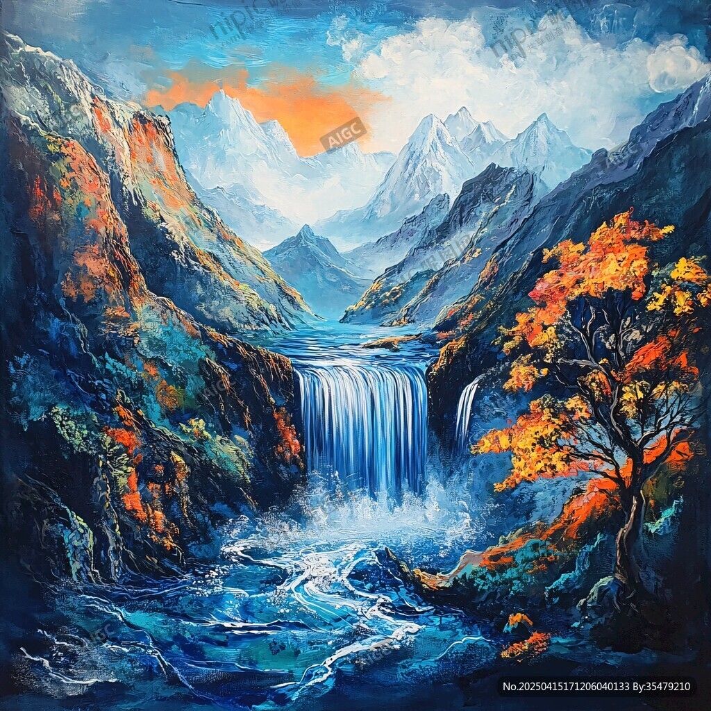 秋日山間瀑布油畫風景