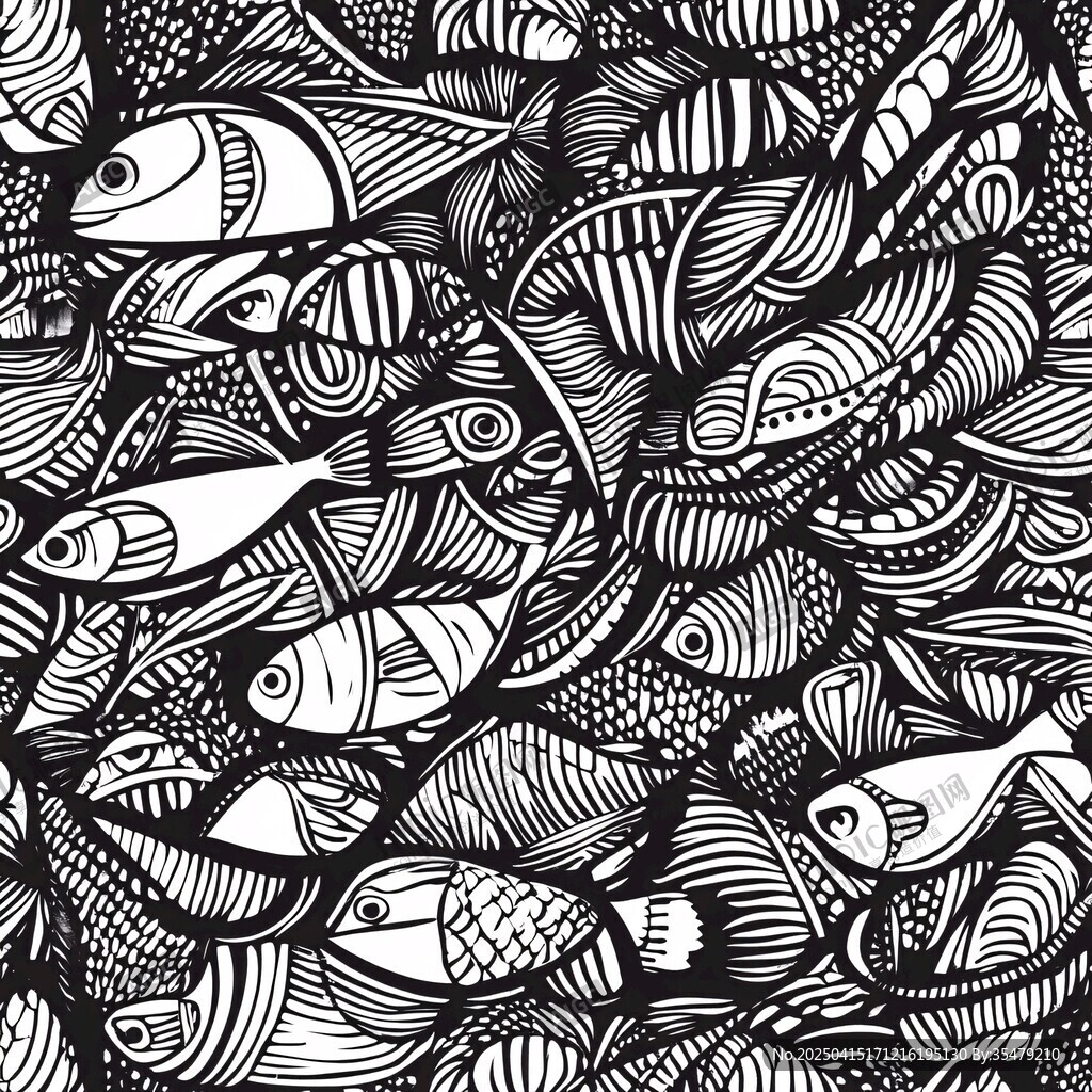 黑白魚群線條藝術(shù)插畫