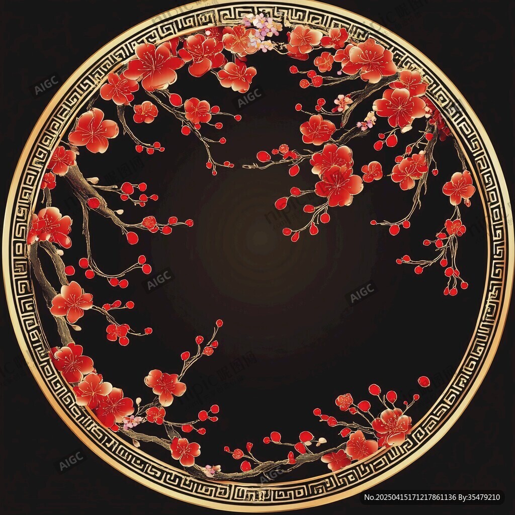 圓形紅梅中式裝飾圖案