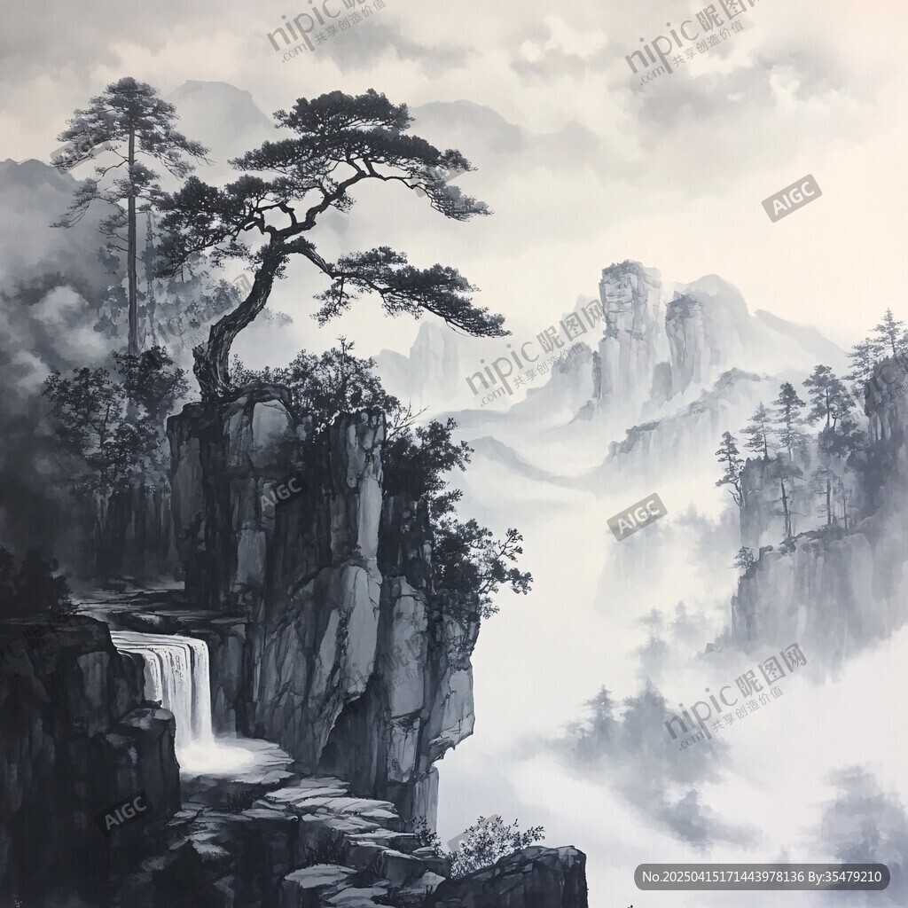 水墨黃山迎客松山水圖景