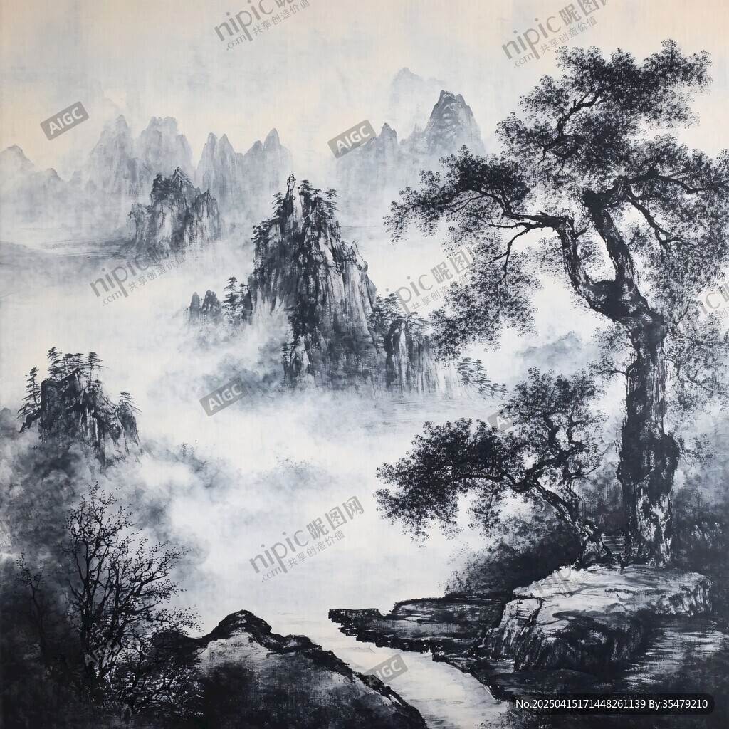 水墨山水間的孤松勝景