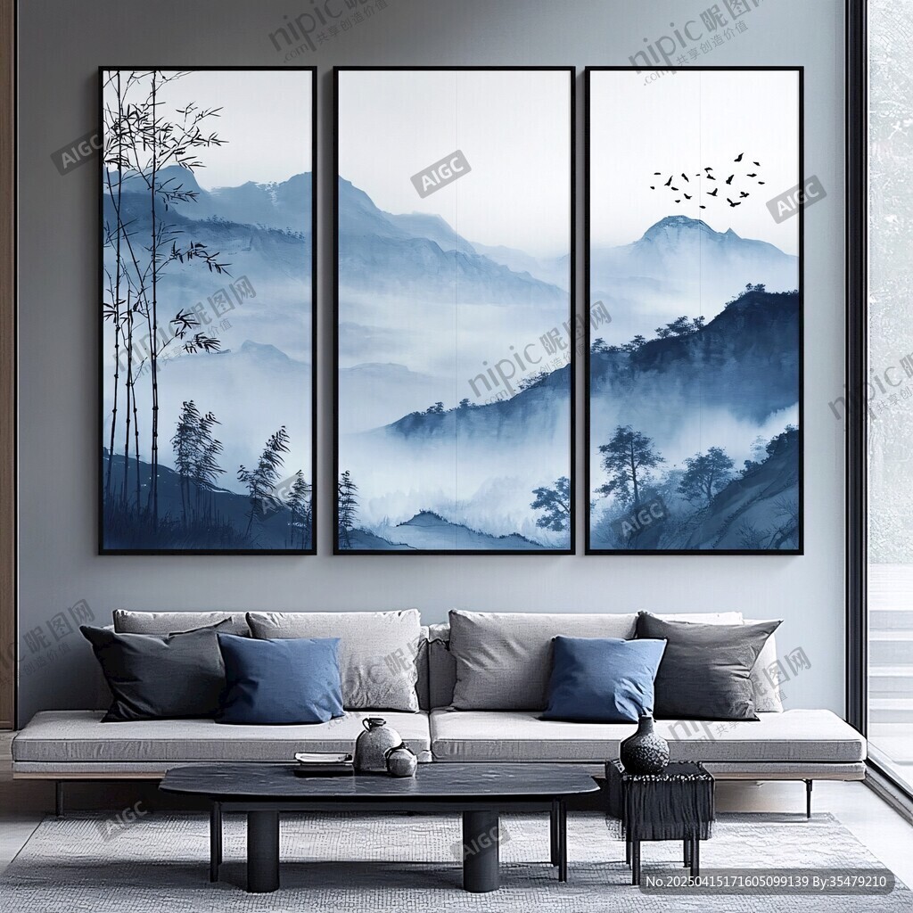 新中式三聯(lián)山水裝飾畫