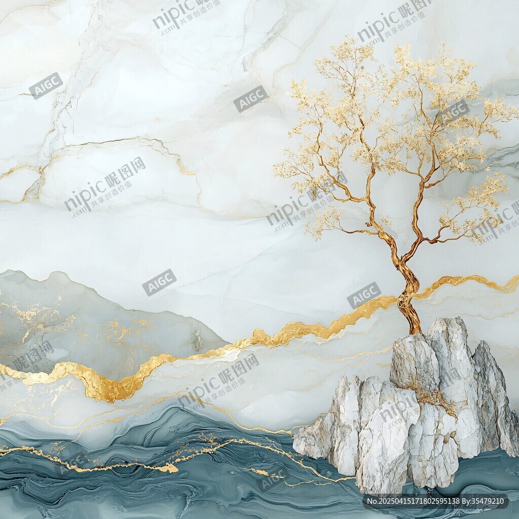 水墨金樹山水意境壁畫