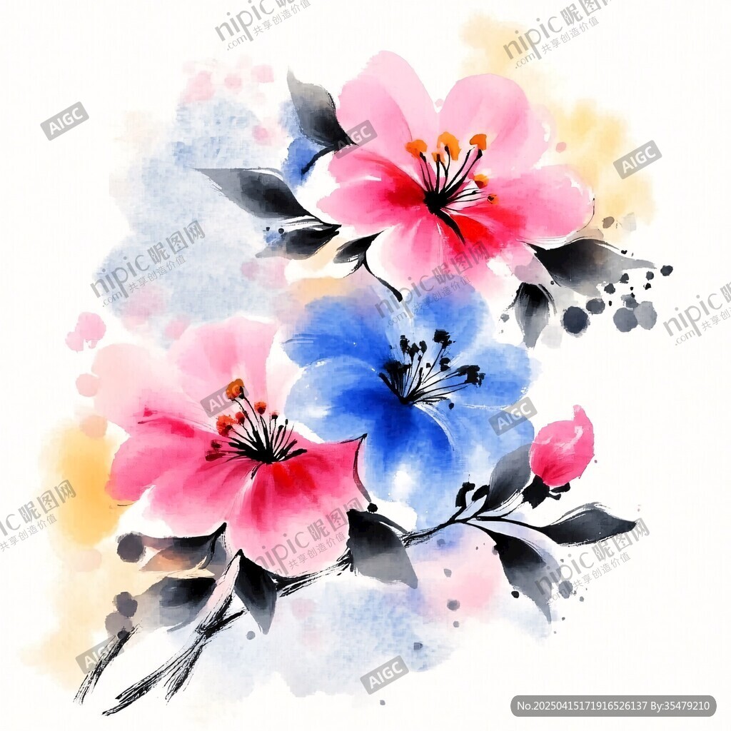 水彩繪夢幻三色花卉