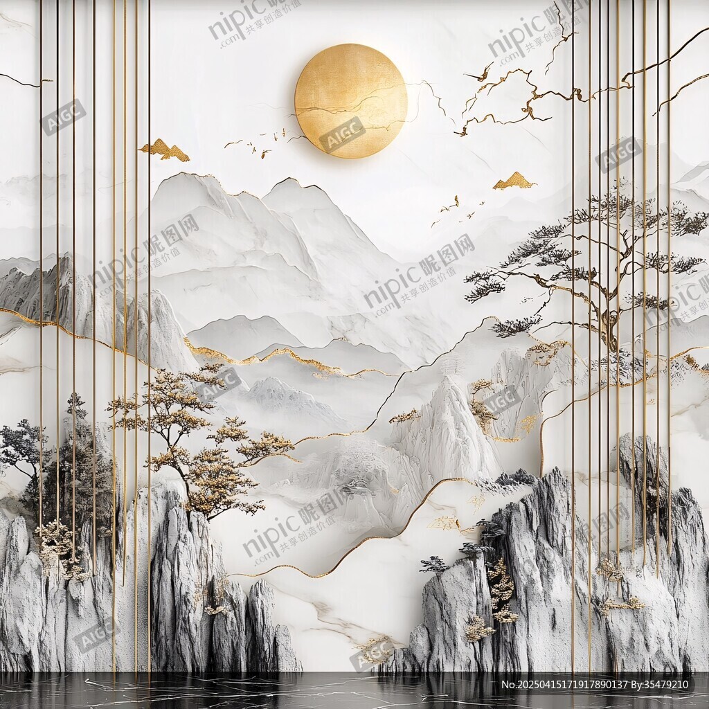 中式山水金月飛鳥背景墻