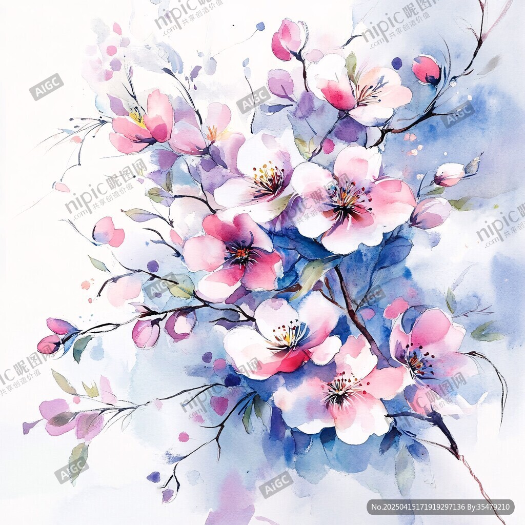 水彩繪就的爛漫桃花圖