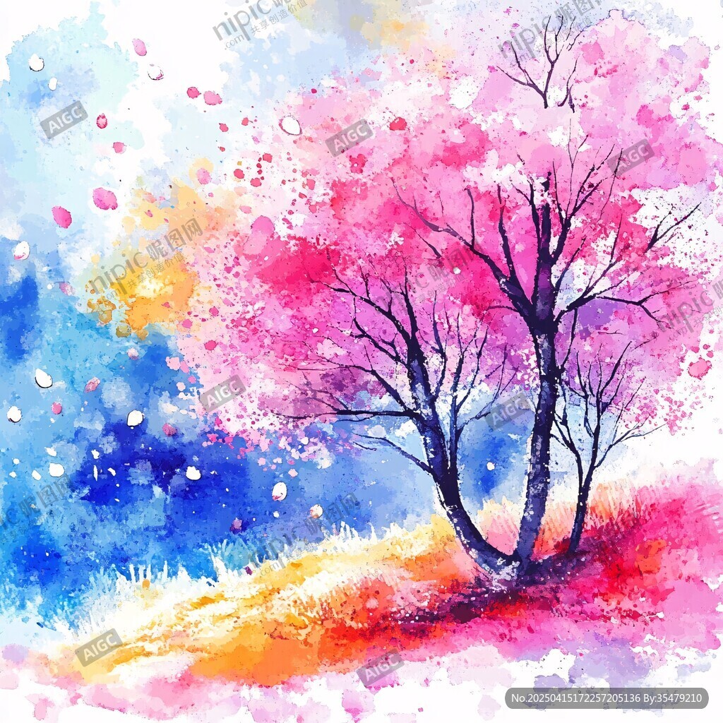 夢幻水彩櫻花樹風景
