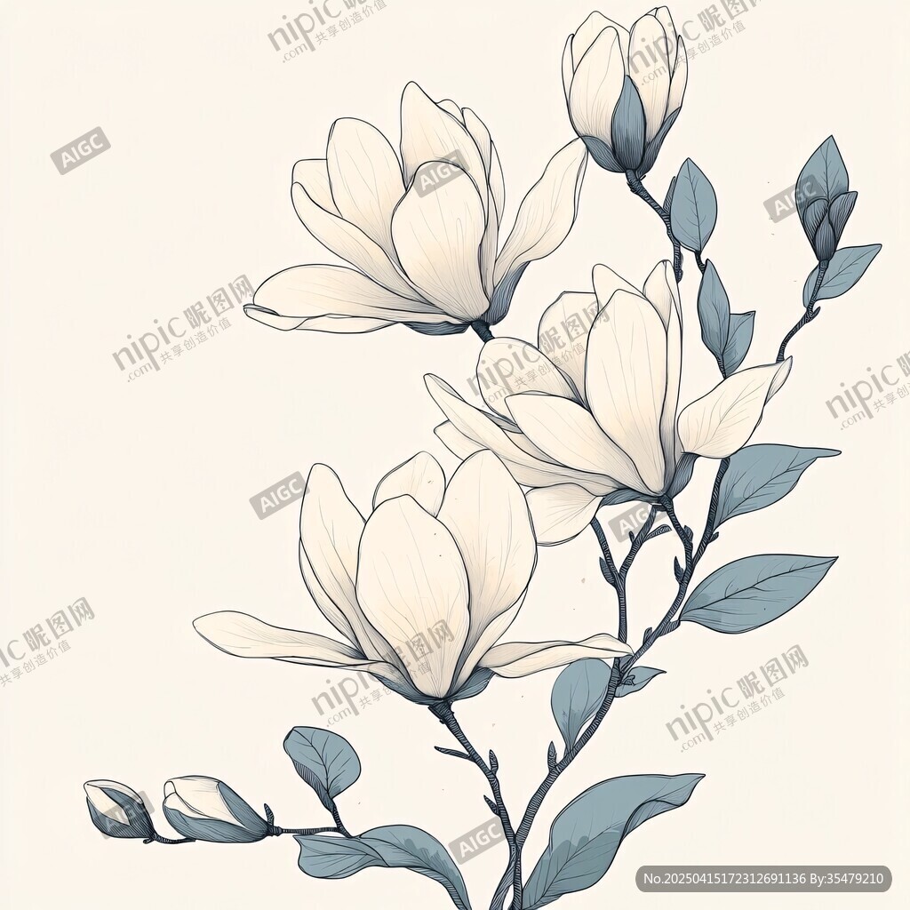 手繪玉蘭花枝插畫