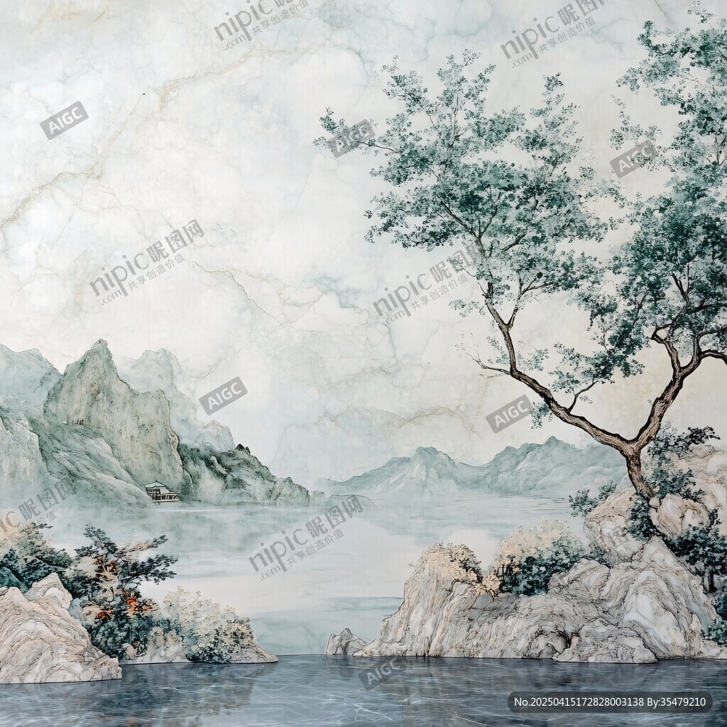 水墨山水間的孤樹奇石