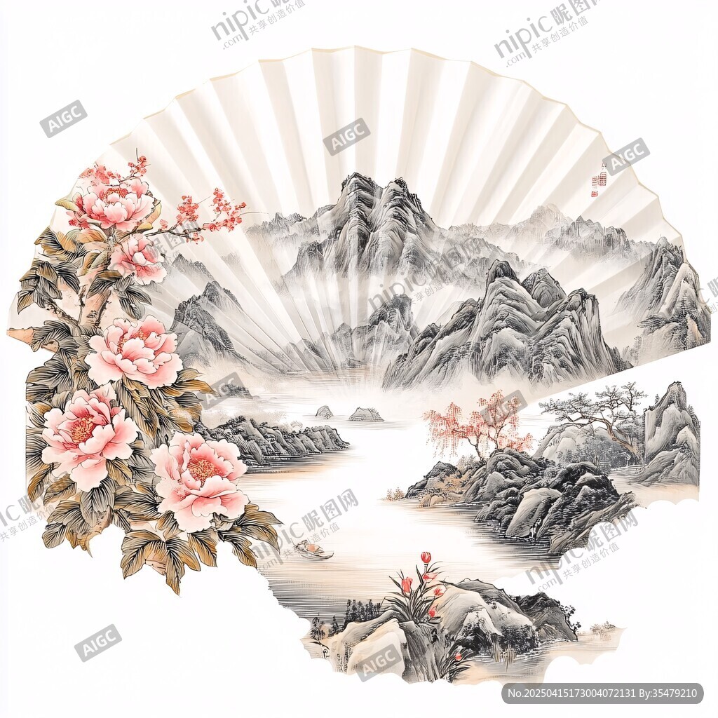 折扇上的山水花卉圖