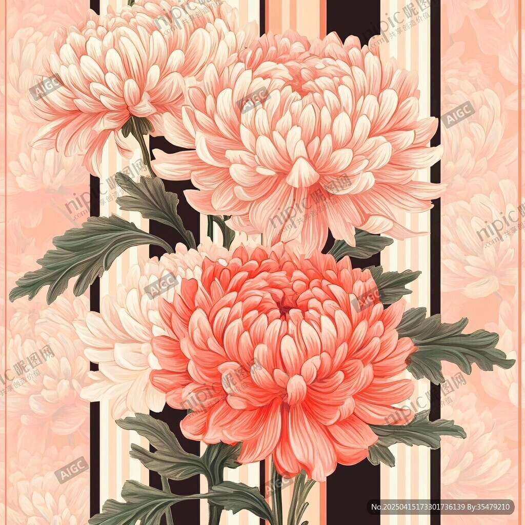 粉色菊花與條紋背景圖案