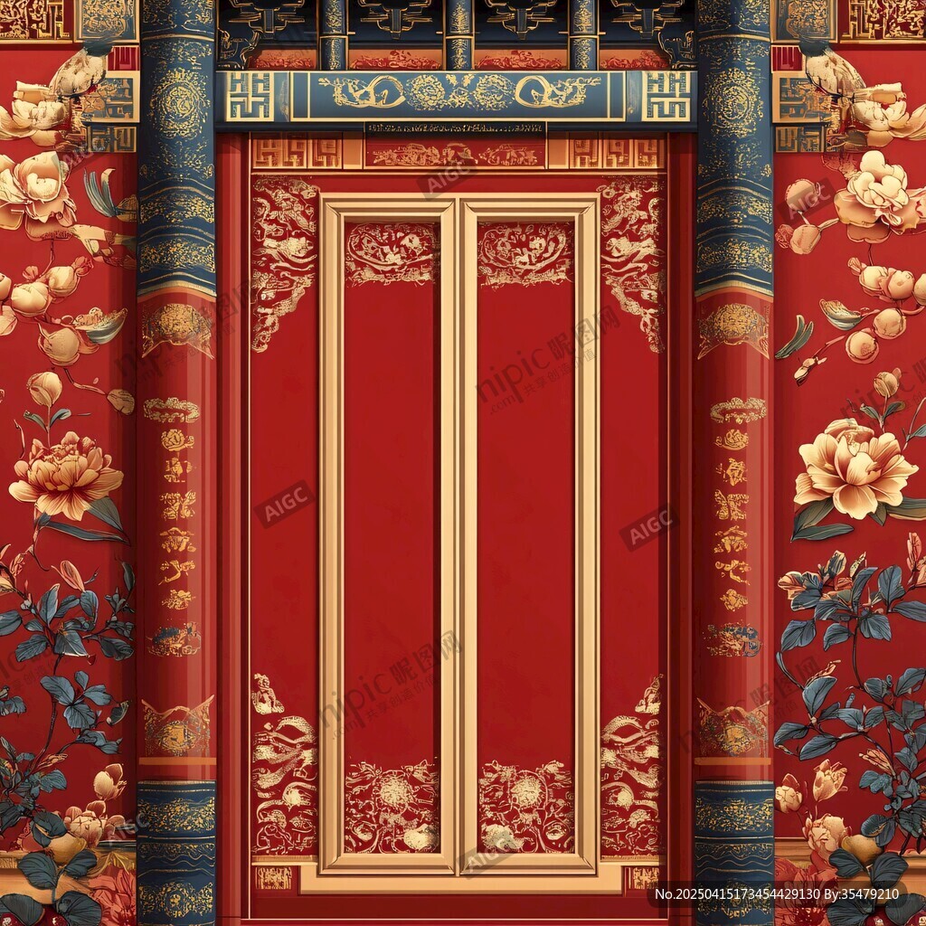 中式古典紅門花卉裝飾圖