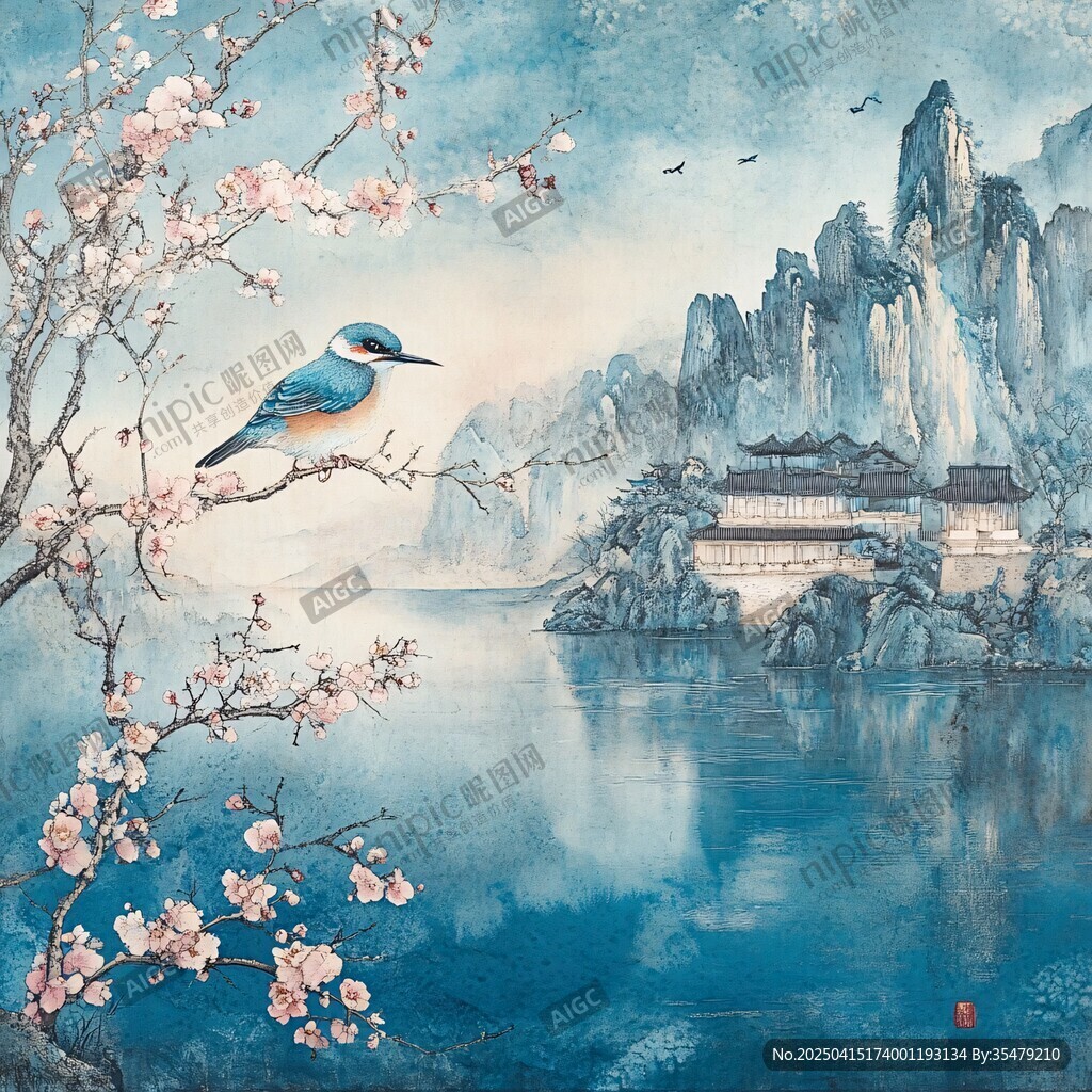 春景山水間的翠鳥棲花枝