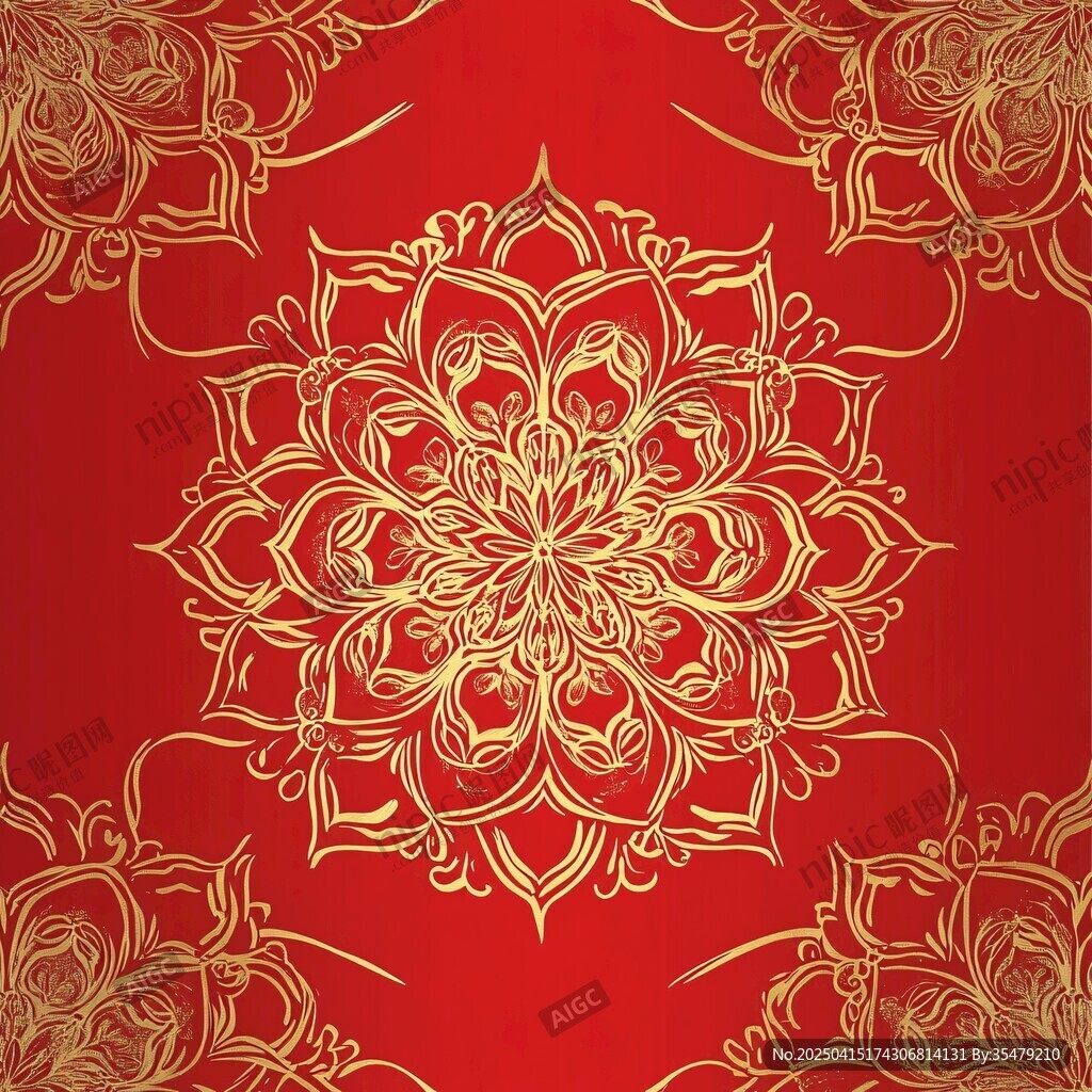 紅色背景金色曼陀羅花紋圖案