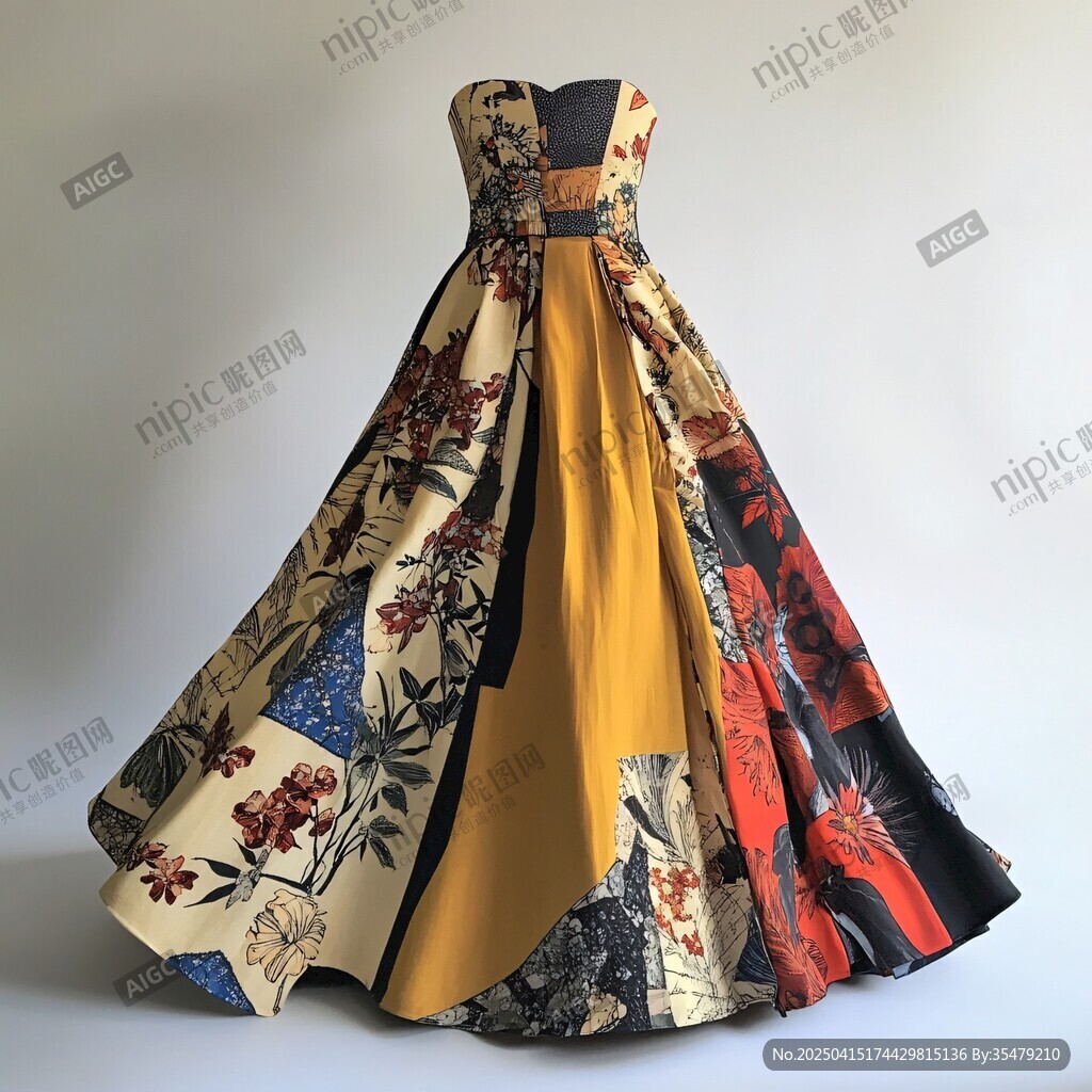 復(fù)古拼接風(fēng)抹胸蓬蓬裙
