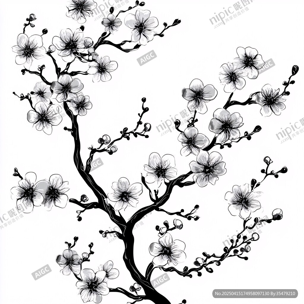 黑白梅花枝干插畫