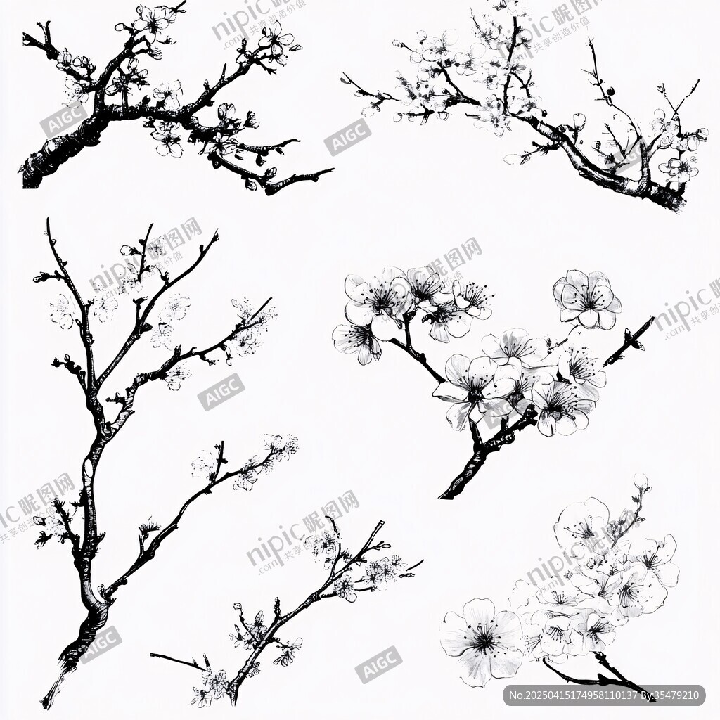 水墨梅花枝椏圖案素材