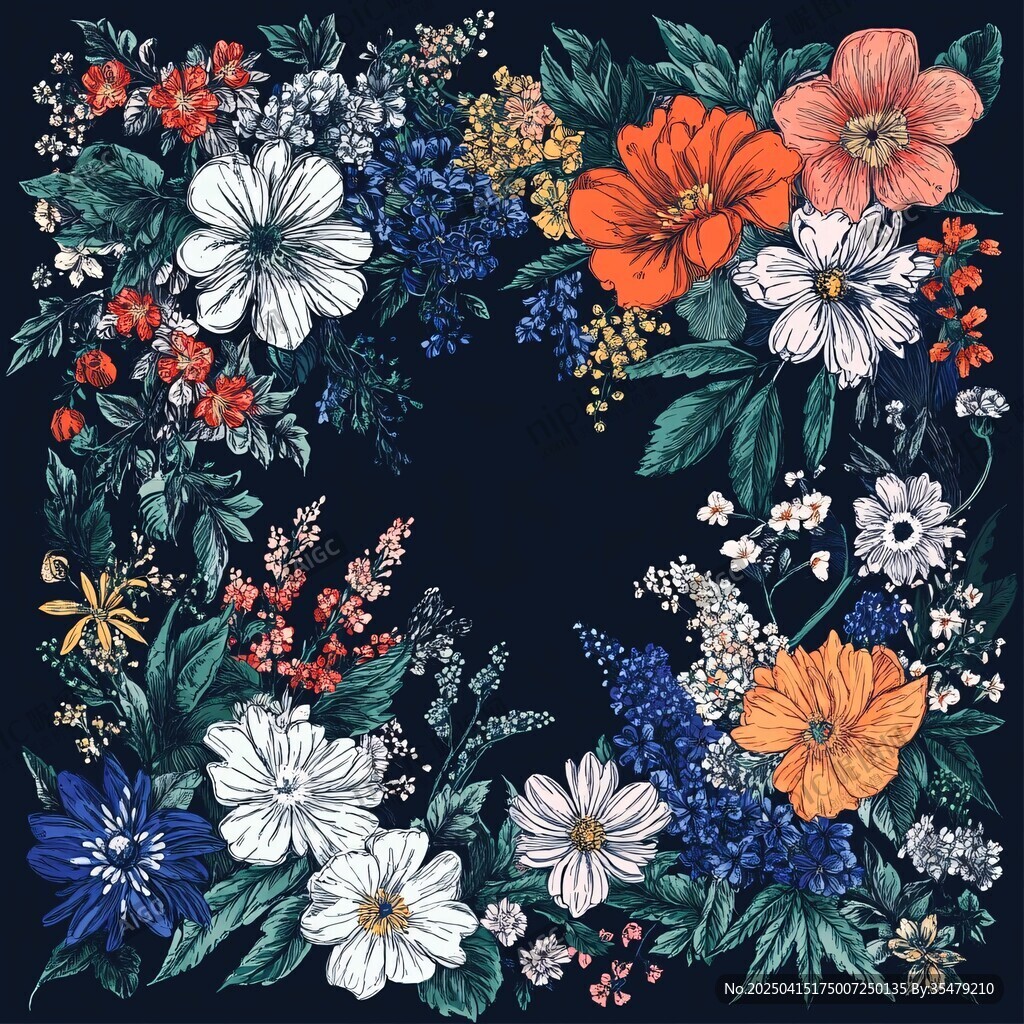 繁花環繞的深色背景花卉圖