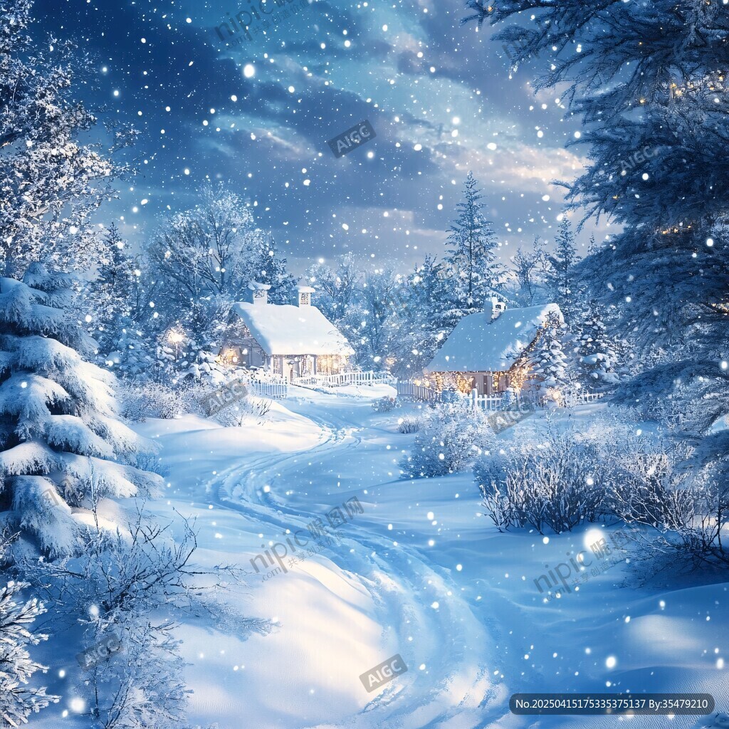 夢幻冬夜雪中小屋美景
