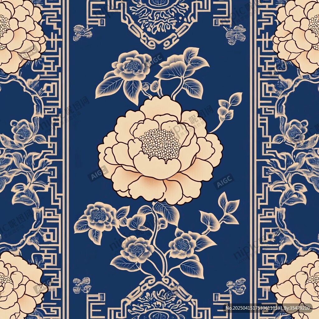 中式藍底牡丹花紋樣圖案