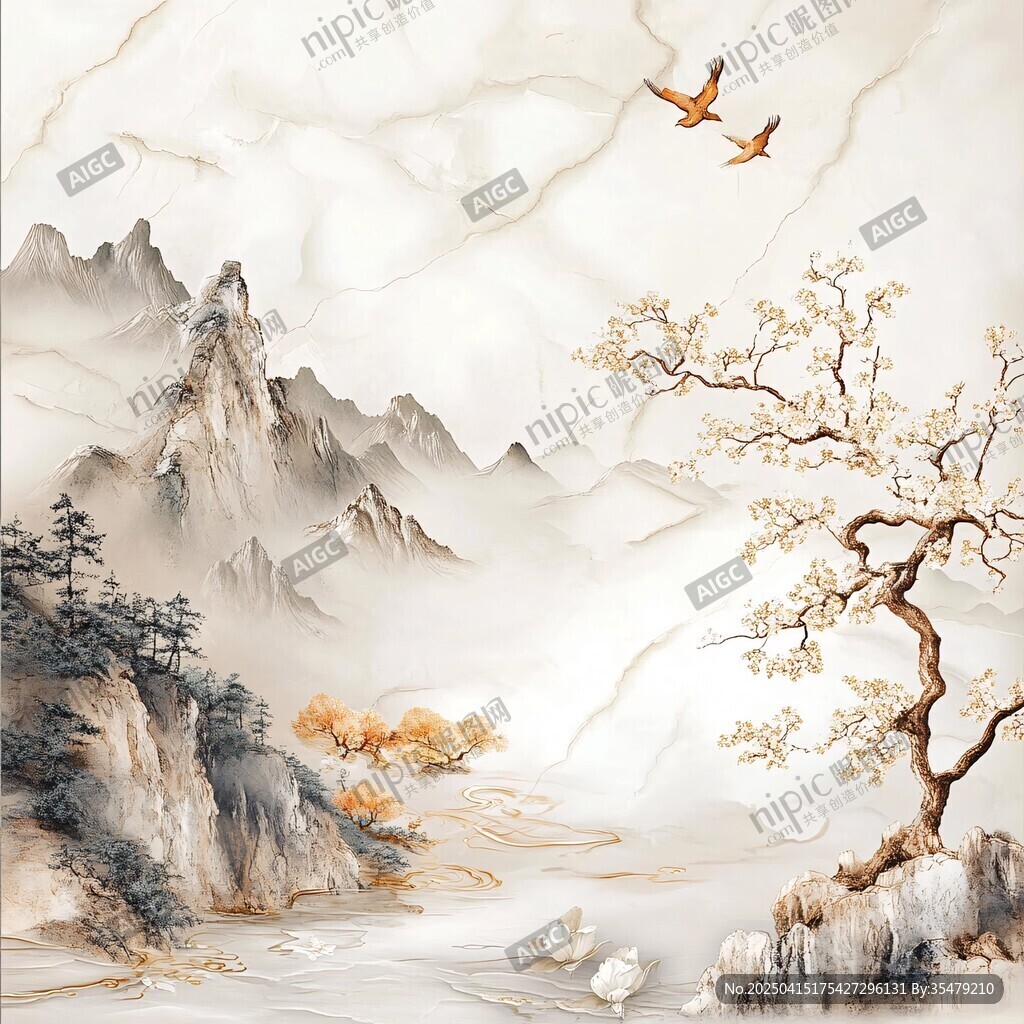 山水間飛鳥(niǎo)棲樹(shù)寫(xiě)意畫(huà)