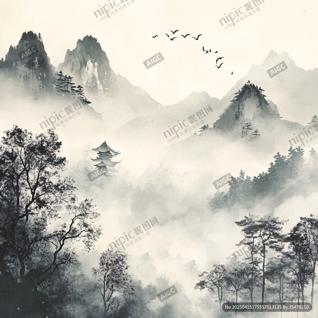 水墨山水間飛鳥伴古亭