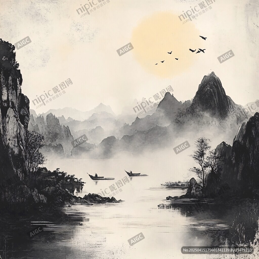 水墨山水間的悠然泛舟景