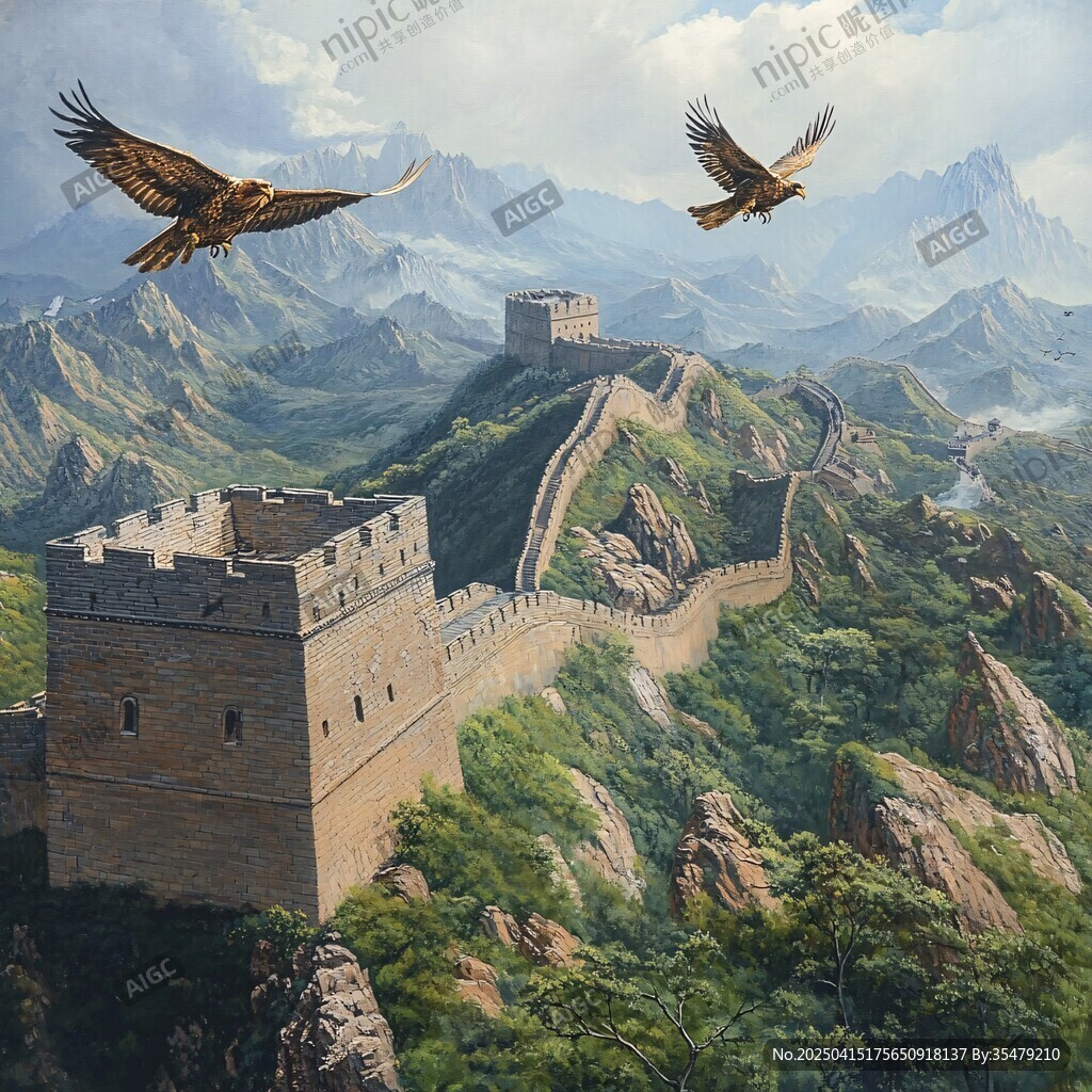 長城之上雙鷹翱翔之景