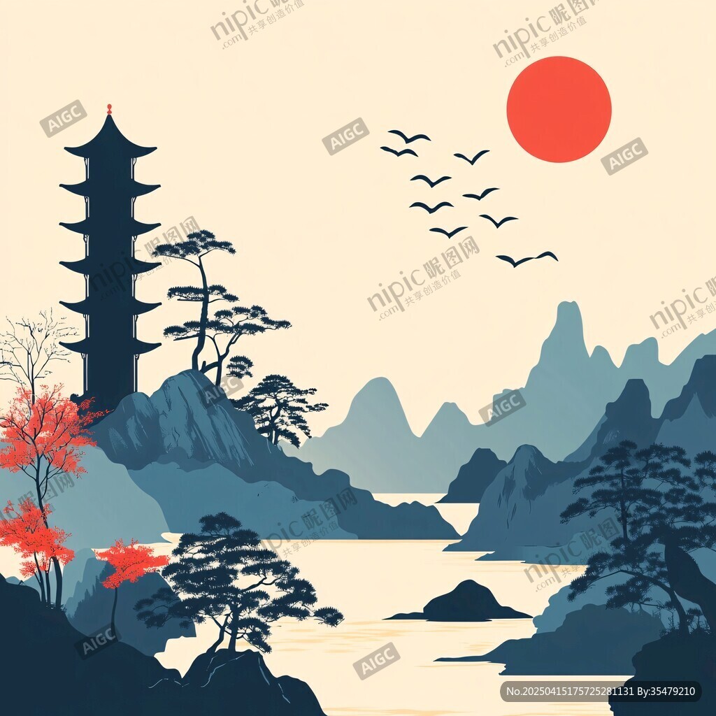 中式山水古塔紅日飛鳥景