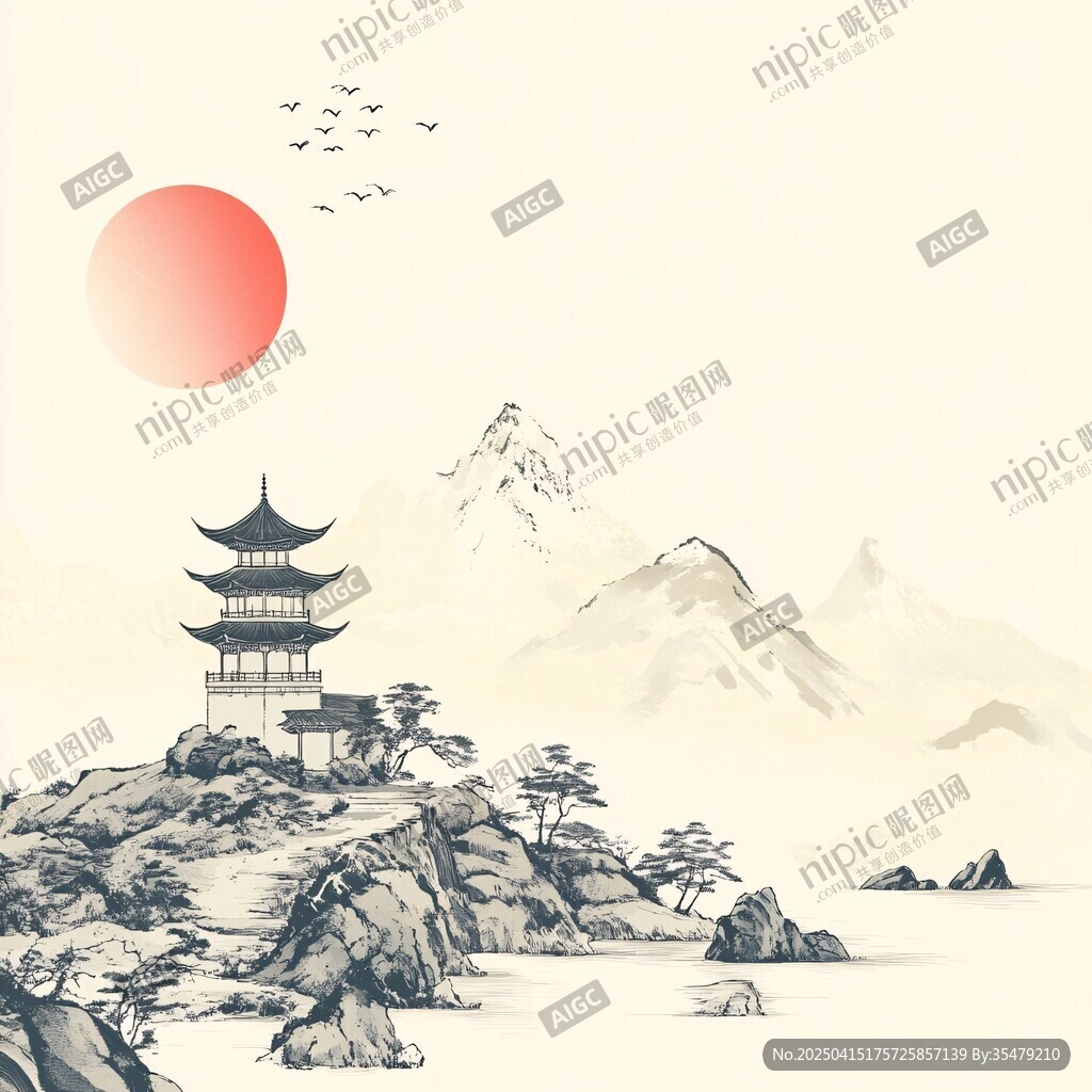 中式山水亭閣落日圖景