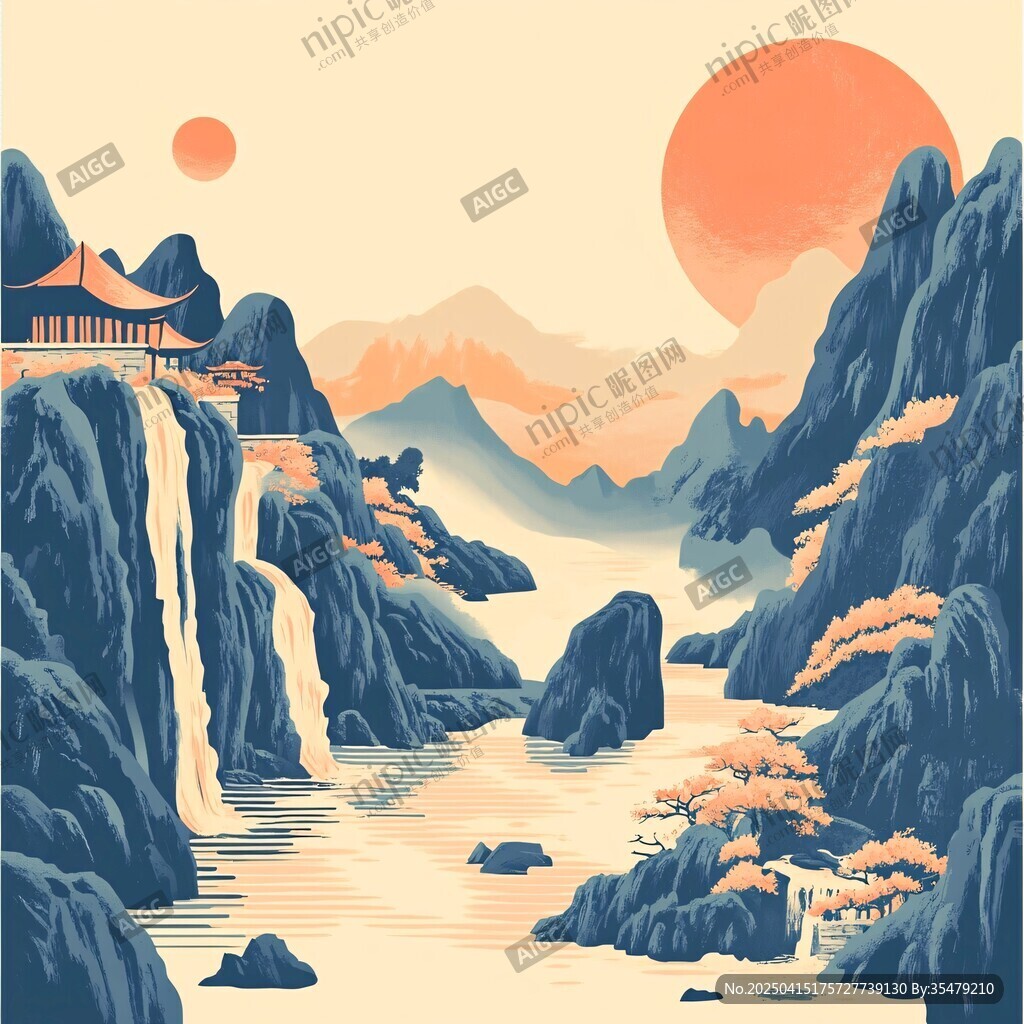 中式山水間的落日美景