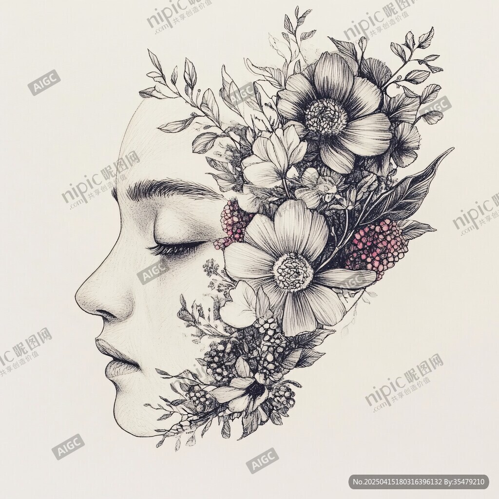 花卉裝點的女性側(cè)面輪廓