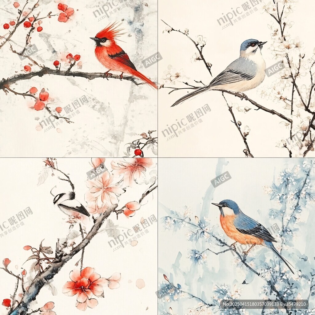 花鳥(niǎo)水墨畫(huà) 靈動(dòng)鳥(niǎo)兒棲花枝