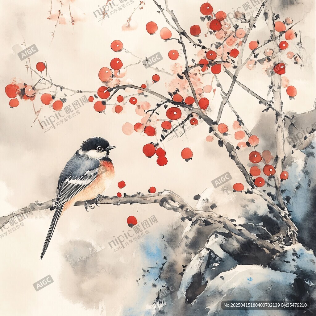 水墨枝頭鳥與紅果圖