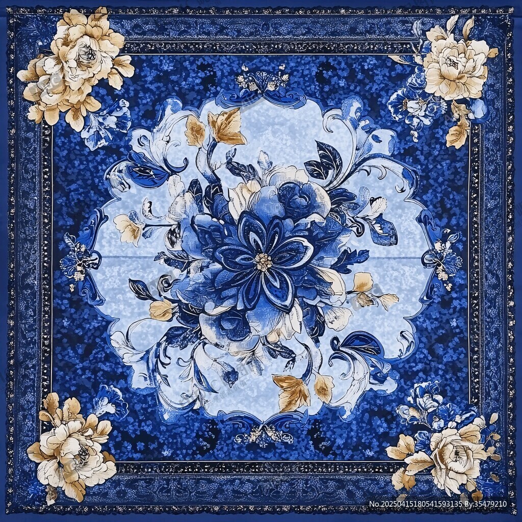 藍(lán)白花卉精美方形圖案