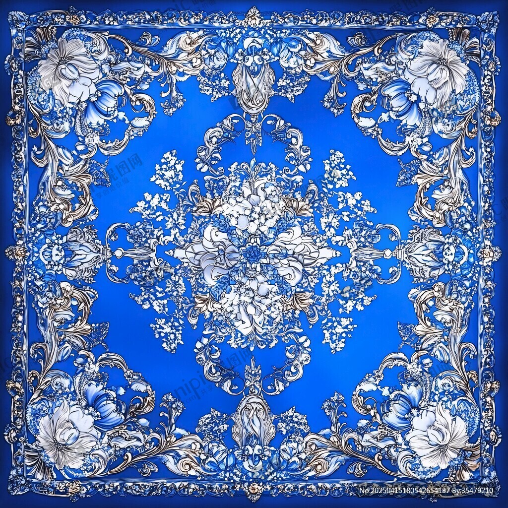 藍(lán)色花卉復(fù)古風(fēng)絲巾圖案