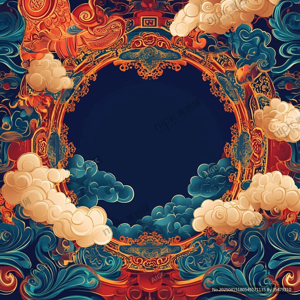 中式古典云紋圓形邊框圖案