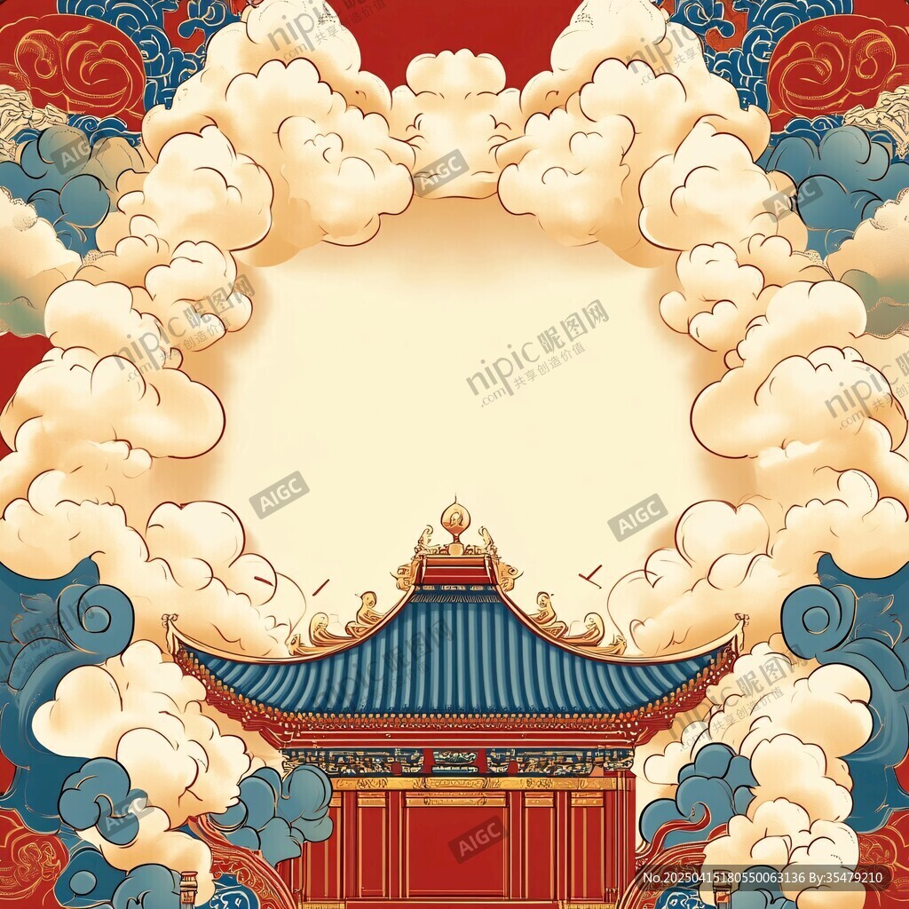 中式云繞古建背景圖