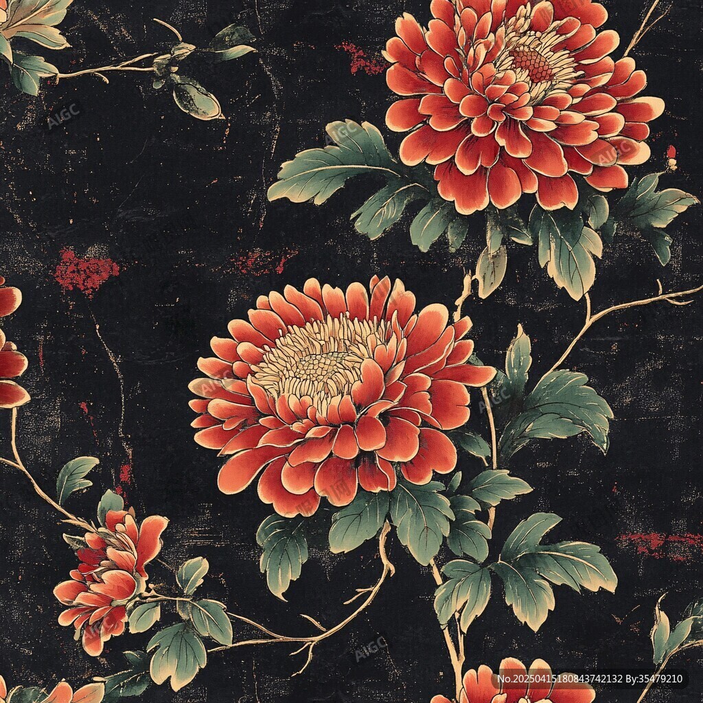 中式復(fù)古紅菊花卉圖案