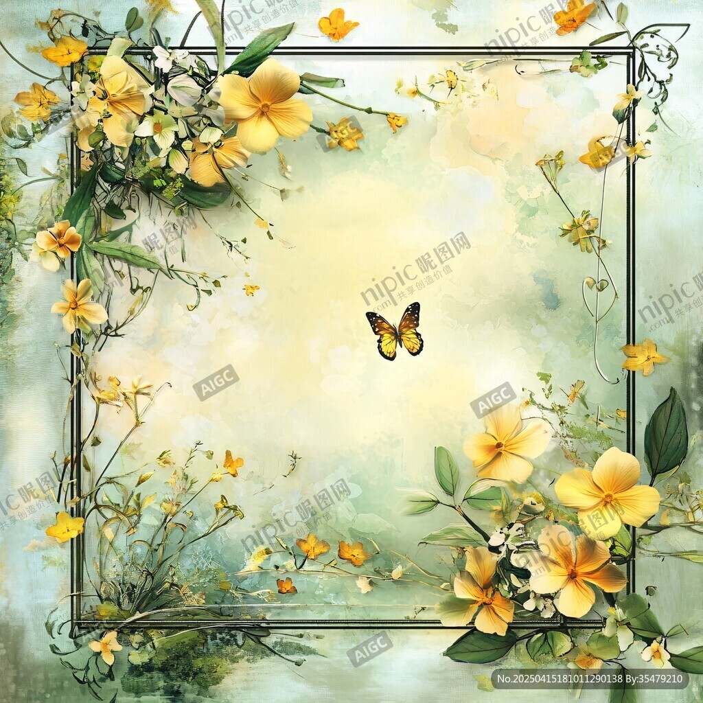 黃花卉蝴蝶夢幻邊框背景圖