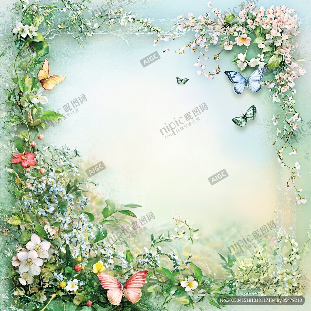 夢(mèng)幻花卉蝴蝶邊框背景圖