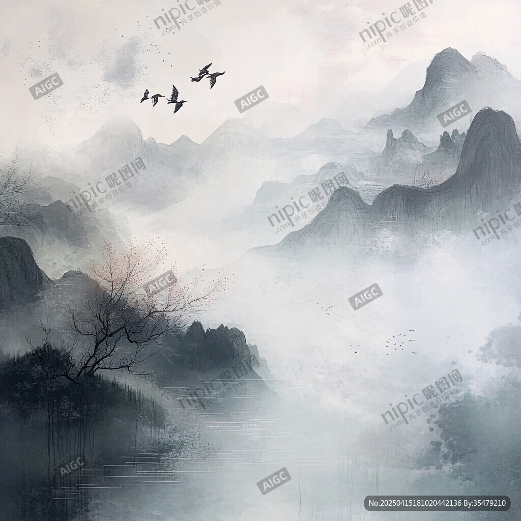 水墨山水間飛鳥詩意圖景