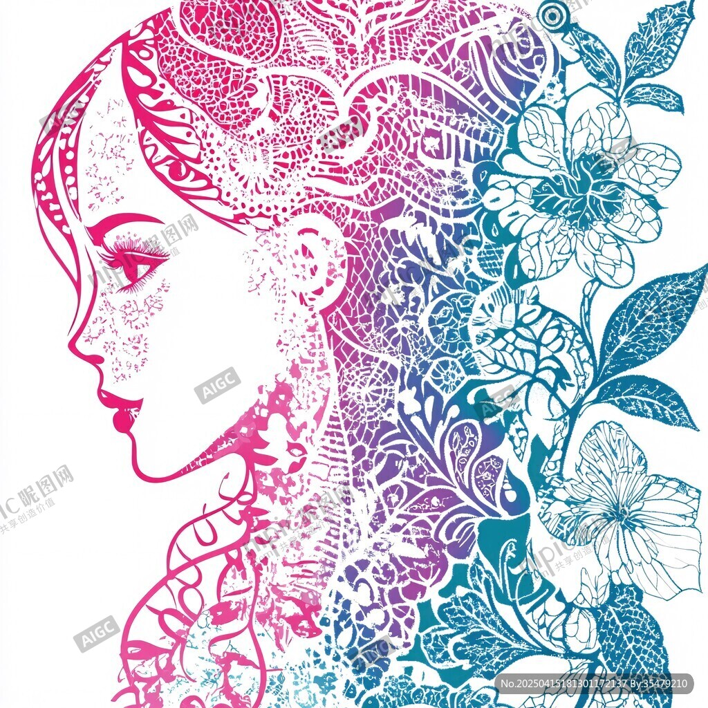 夢(mèng)幻花卉女子輪廓插畫